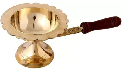 Brass Aarti Lamp/Dhoop Stand with Wooden Handle Brass Table Diya  (Height: 2.5 inch)