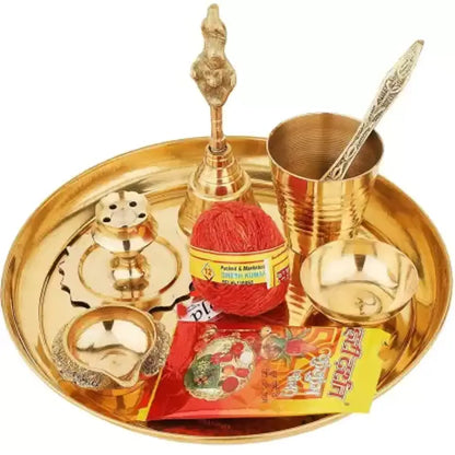 Pure Brass Special Puja Thali Set of 9 Items, for Diwali Poojan/Pooja Room/Diwali Gifting Brass