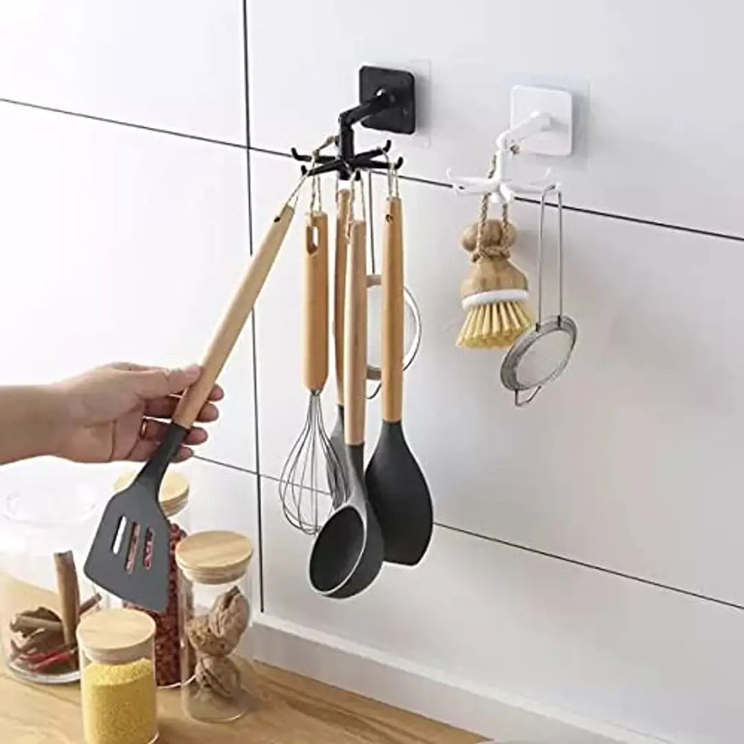 LJC 360 Degree Rotate able Adhesive Sticker ABS Plastic Wall Mounted Storage Organizer for Kitchen and Bathroom Hanger with Hooks USE it in Kitchen Bathroom Closet Garage Office Garden-2pc