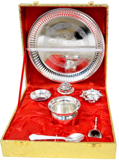 ME & YOU Silver Plated Decorative Ganesh Laxmi Embossed Puja Thali for Diwali Poojan, Dhanteras, Hawan Puja, Diwali Pujan, Navrata Pujan, Durga Pujan