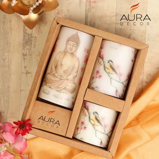 Aura Decor Set of 3 Pillar Spa Candles with Buddha Image, Best for Gifting Purposes for Your Special Ones, Size 3 x 3 Inch, 3 x 4 Inch 3 x 6 Inch, Meditation Candles, Gift Candles, Spa Candles