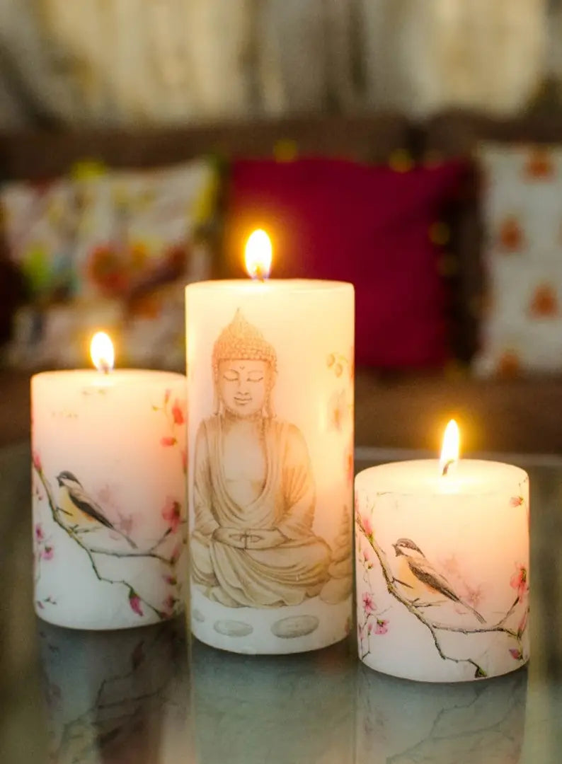 Aura Decor Set of 3 Pillar Spa Candles with Buddha Image, Best for Gifting Purposes for Your Special Ones, Size 3 x 3 Inch, 3 x 4 Inch 3 x 6 Inch, Meditation Candles, Gift Candles, Spa Candles