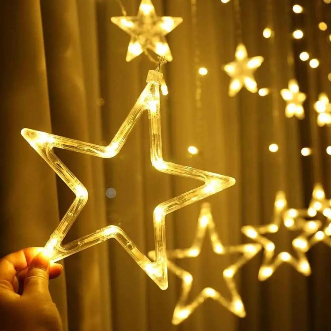 Curtain String Lights, 12 Stars 138 LED Window Curtain Lights Star Lights with 8 Flashing Modes Diwali Decoration String Lights for Christmas Wedding Party Home Garden, Warm White