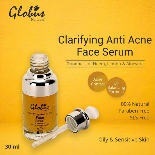 Globus Naturals Clarifying Anti Acne Face Serum | Acne Control | Oil Balancing Formula |100% Natural | Paraben Free | Sls Free | Oily & Sensitive Skin,30 Ml