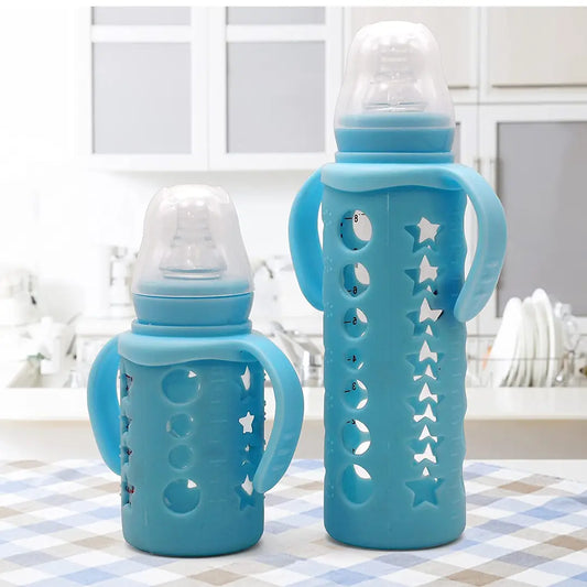 Trendy Baby Glass Feeding Bottles With Handle Protective Silicone Sleeve For New Born/Infants/Toddler Up To 5 Years, Bpa Free