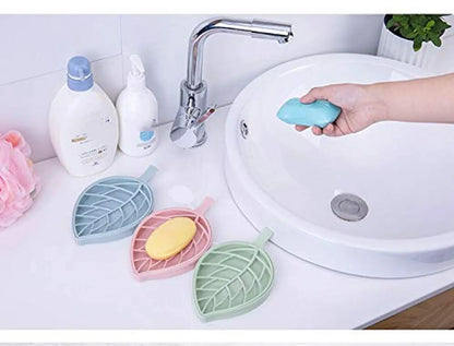 Leaf Soap Dish Plastic Leaf Shape Self Draining Soap Holder Pack of 3 -Multicolor