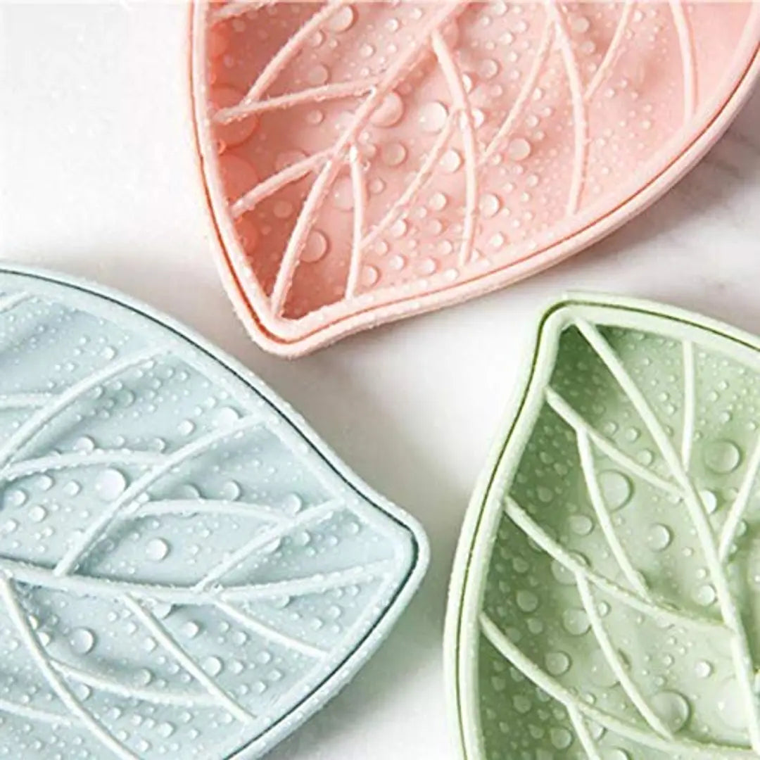 Leaf Soap Dish Plastic Leaf Shape Self Draining Soap Holder Pack of 3 -Multicolor