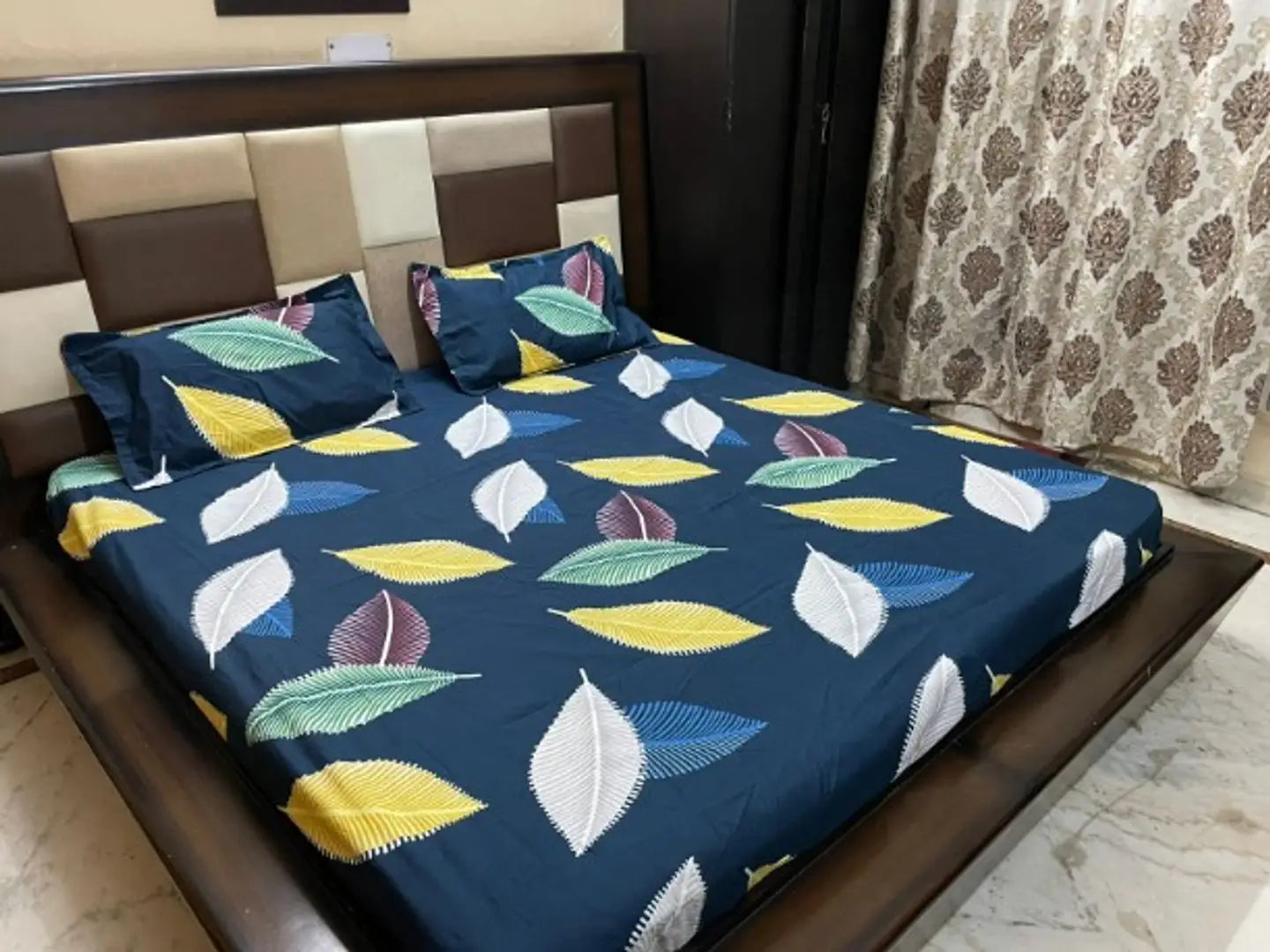 Attractive Glace Cotton Elastic Fitted Double Bed Bedsheets with 2 Pillow Cover - King Size 78 x 72