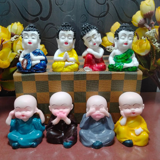 Colorful Set of 8 Baby Buddha and Monk Buddha Figurines - for Home Decor| Office Decor| Chrismas Decor| Diwali Decor| Vaastu Decor| Fengshui Decorative Showpiece