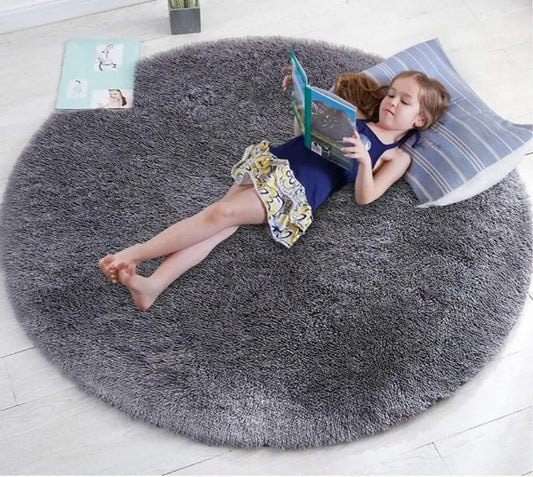 Shopgallery Modern Polyester Anti Slip Round Shaggy Fluffy Fur Rug and Carpet for Runner,Kalin for Bedroom/Dinning Hall/Living Room,Round Carpets for Home (2 X 2 Feet, Dark Grey)