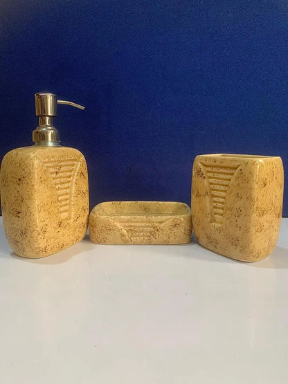 Kraftlik Handicrafts Ceramic Bathroom Accessories Set and Organization | Creative Design Bathroom Accessories | Hand Soap Dispenser | Soap Dish | Tumblers (Set of 1, Brown), 3 pcs