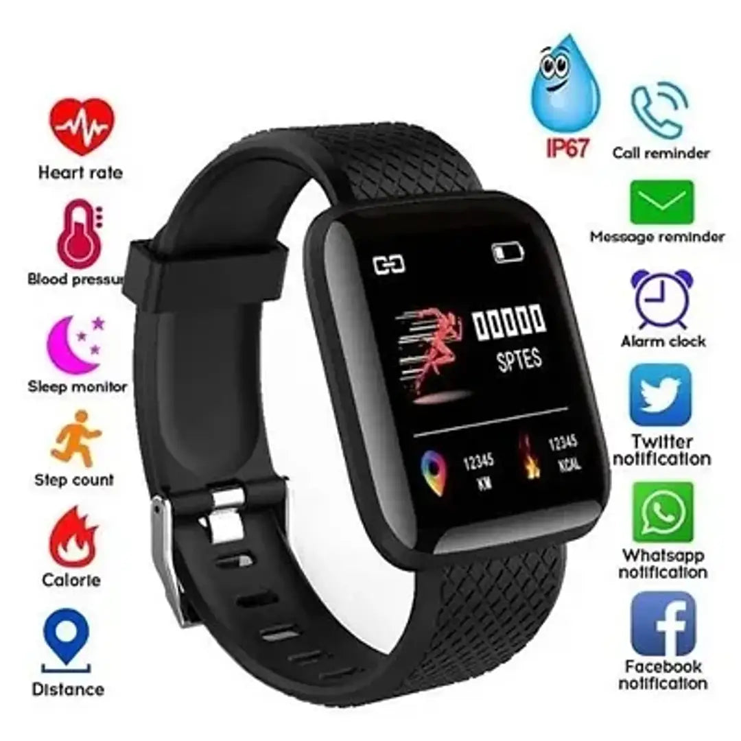 TakenID116 Plus Smart Bracelet Fitness Tracker Color Screen Smartwatch Heart Rate Blood Pressure Pedometer Sleep Monitor (Black)