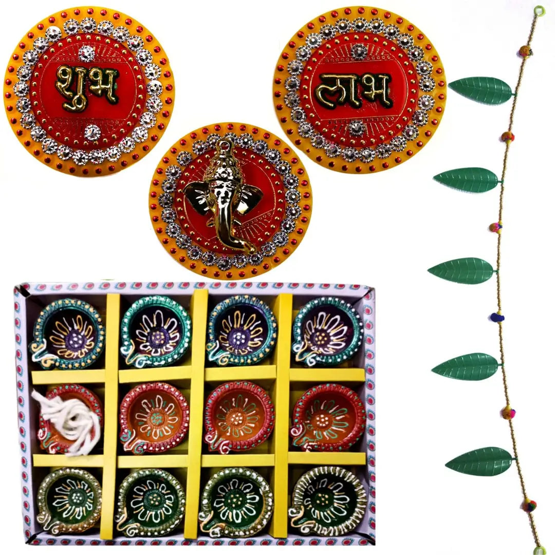 NEUF MART Combo for Diwali 1 Leaf Toran, 3 Stickers of Subh Labh and Ganesh Ji, Set of 12 Diya's for Diwali Decoration Random Colour