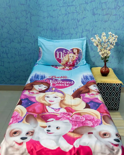 TRENZ 180 TC Glace Cotton Single Bed Cartoon Printed Kids Bedsheet with 1 Pillow Cover - Barbie The Diamond Castle | Super Soft and Highly Comfortable Bed Sheet | Washable and Fade Resistant