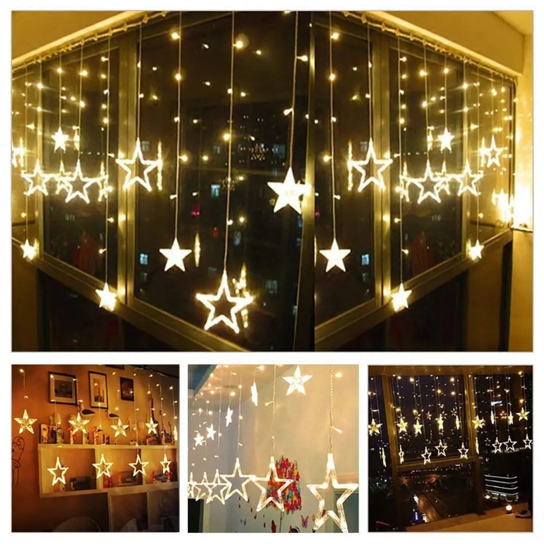 Tilak 12 Stars LED Curtain String Lights Window Curtain Led Lights for Decoration with 8 Flashing modes for Christmas/ Valentine Day Decoration Romantic Mood Light / Home Decoration for Diwali (Warm White-Star Light 6+6)