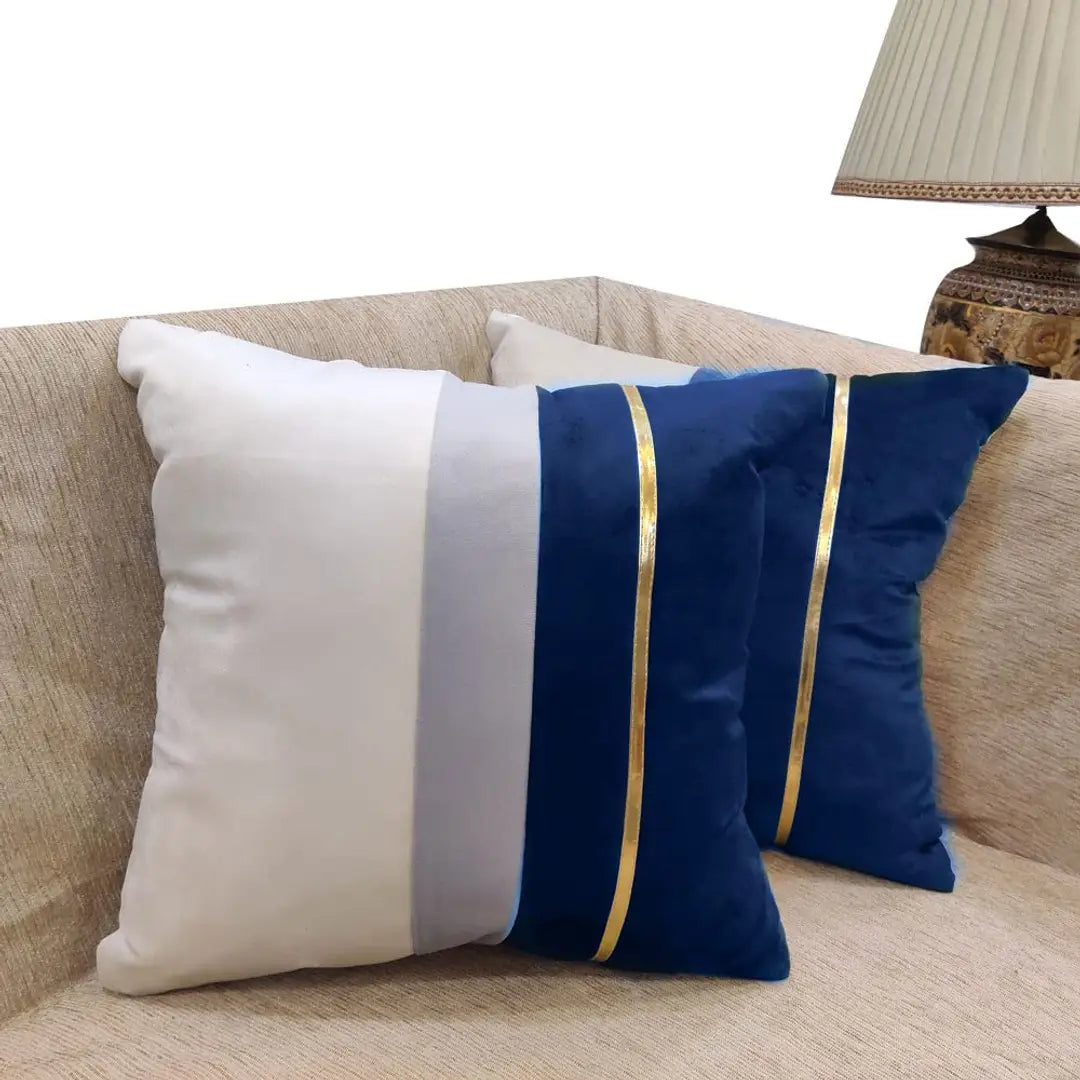 GOODVIBES Blue Beige Gold Leather Striped Patchwork Velvet Cushion Case Luxury Modern Throw Pillow Cover Decorative Pillow for Couch Living Room Bedroom Car| 16X16 Inches | 40cm * 40 cm I Set of 2|