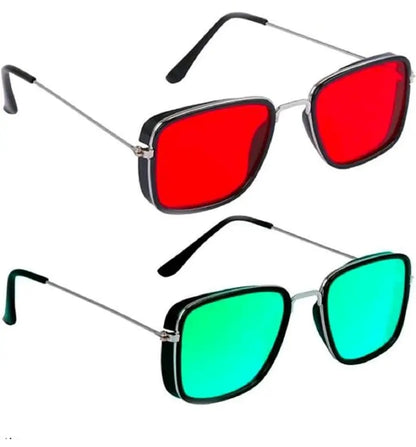 Sunglasses Combo , Men Alloy Frame Square Sunglasses ,U V Protected Combo Pack of 2 (GREEN & RED)