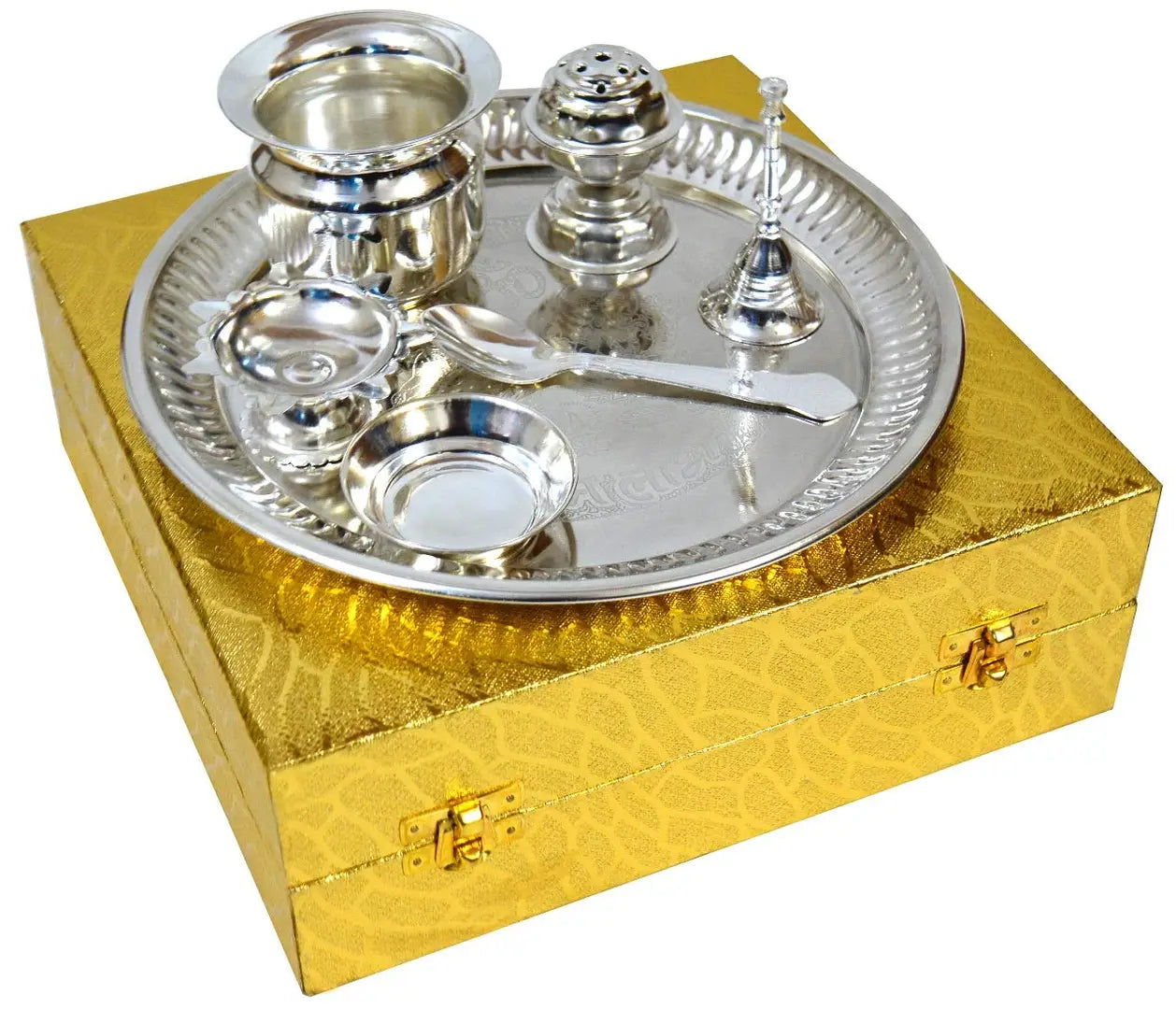 ME & YOU Silver Plated Decorative Ganesh Laxmi Embossed Puja Thali for Diwali Poojan, Dhanteras, Hawan Puja, Diwali Pujan, Navrata Pujan, Durga Pujan