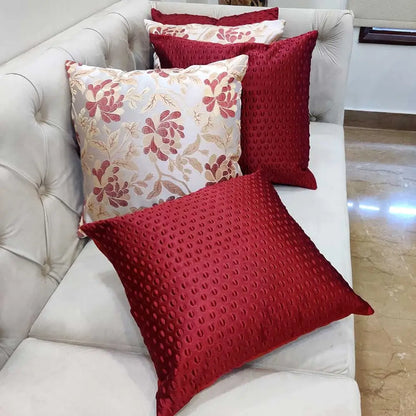 Maroon Redwhite Damask / Self Design / Woven Floral Motifs Zipper Square Combo Cushion Covers (12x12 inch or 30 x 30 cm) Set of 5