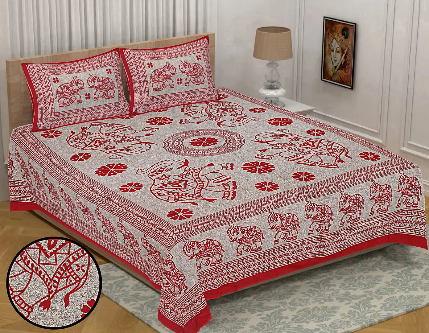 RIDAN 100% Red Cotton 140 TC Printed Double Bed Sheet with Pillow Cover