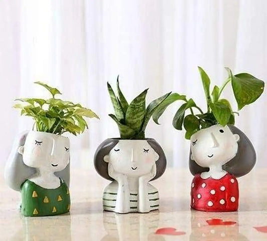 GreyFOX || Cute Resin Pot 3 Gang of Girls Random Dreaming Green Red Girl Trendy Design Return Gifts Multipurpose Pot || Succulent Pot Indoor || Desktop Flower Planter || Home D?cor Garden?